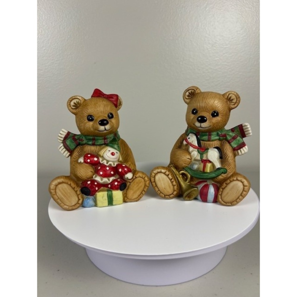 Vintage Homco Christmas Teddy Bear Figurines Set of 2 Ceramic 5251 Brown Green